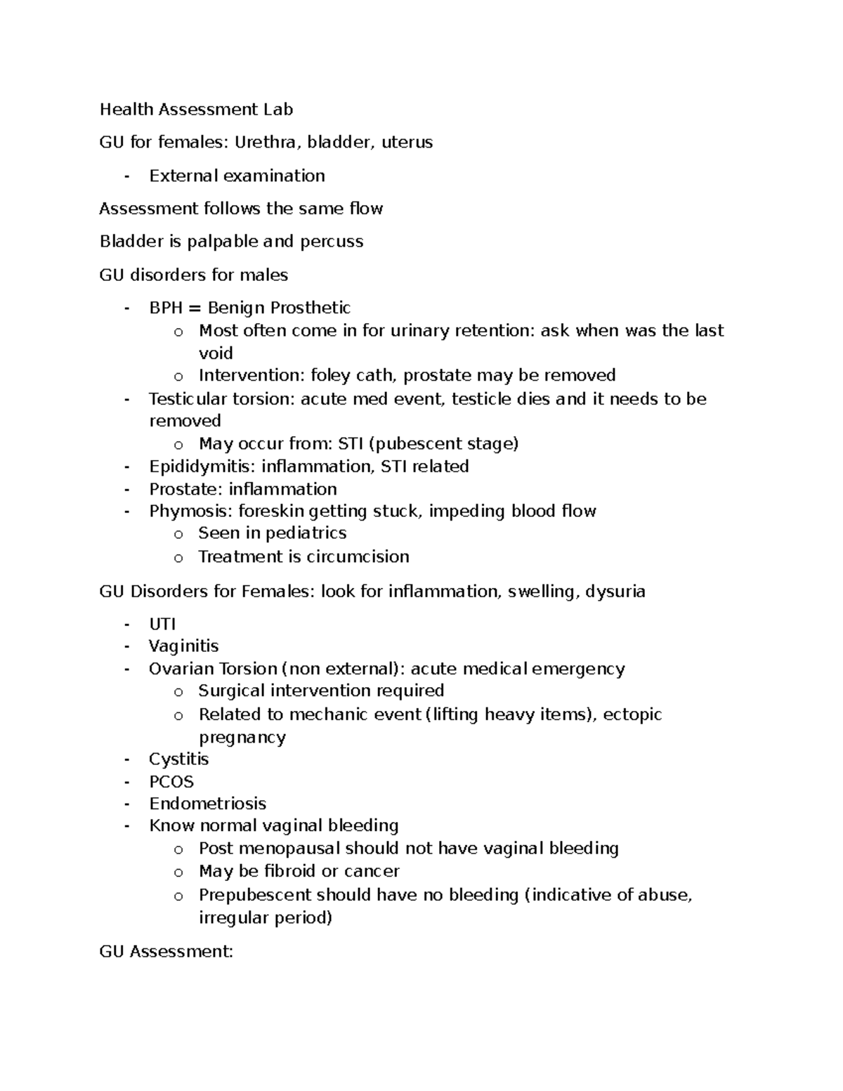 Health Assessment Lab Study Guide: GU Disorders & Exam Techniques - Studocu