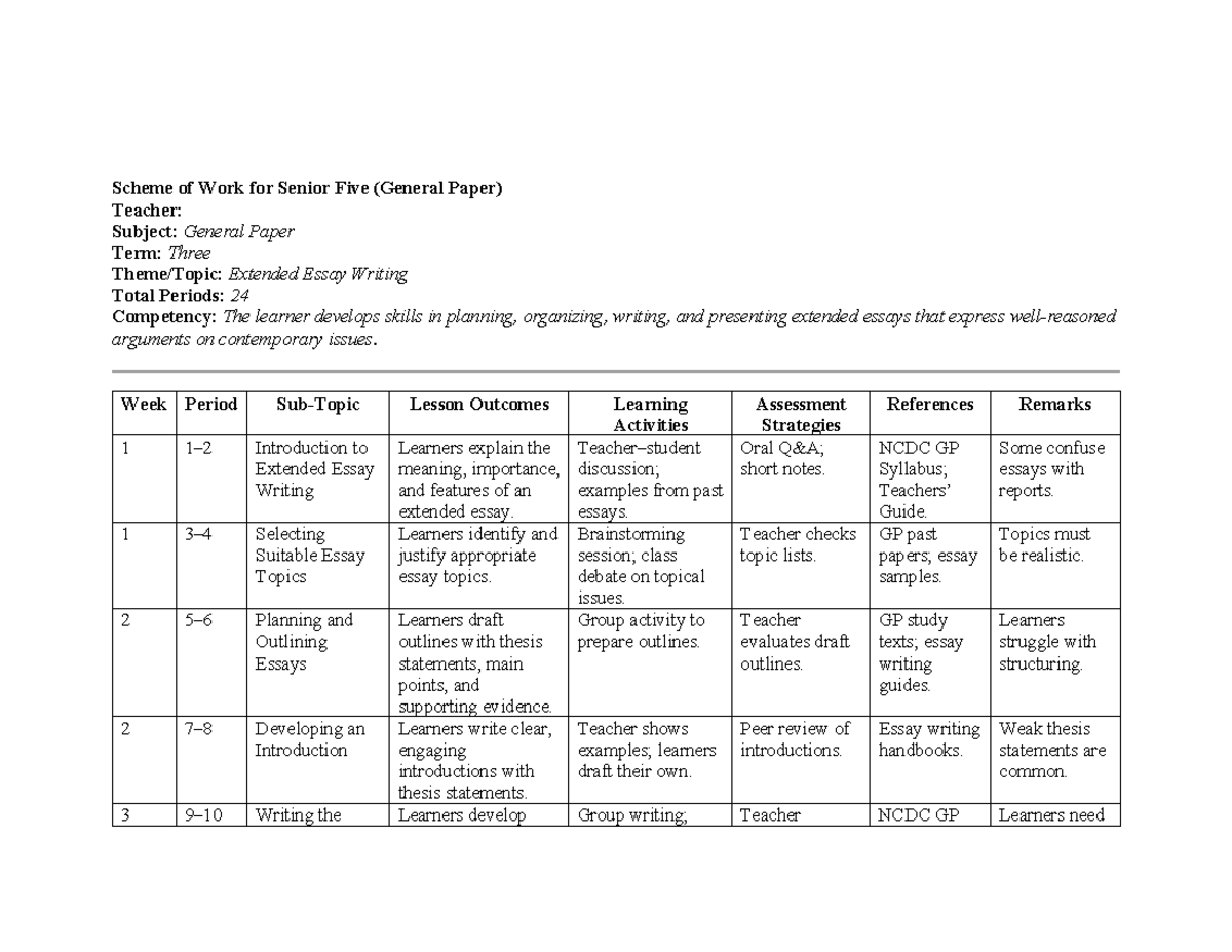 GP Scheme of Work: Extended Essay Writing & Individual Projects - Studocu