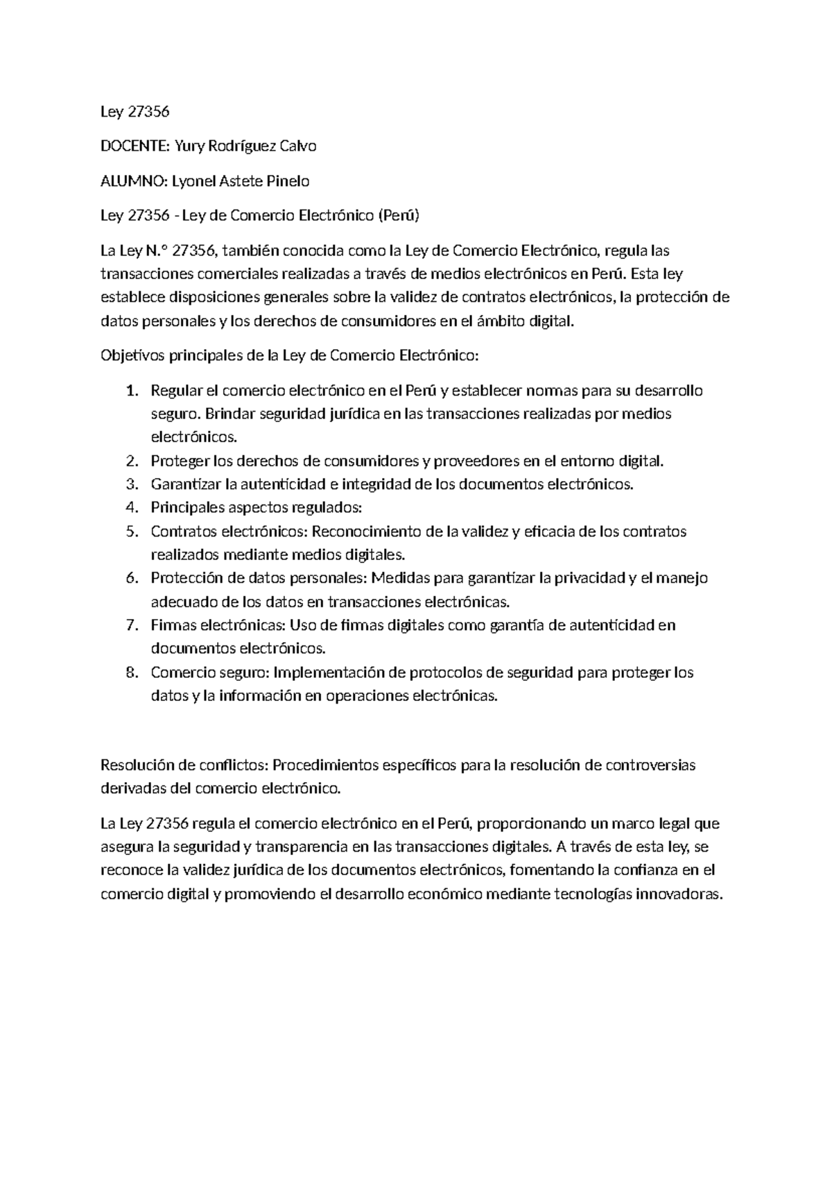 Ley 27356: Análisis de la Ley de Comercio Electrónico en Perú - Studocu