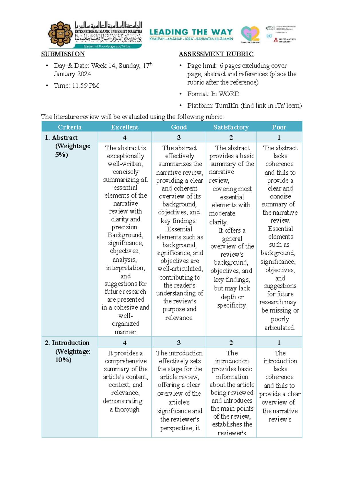 Assessment Rubric for Literature Review Submission (Week 14) - Studocu