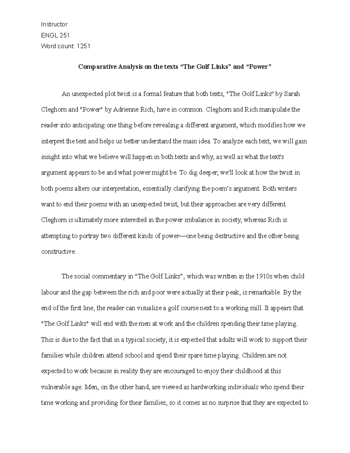 ENGL 251 - Comparative Analysis Essay on "The Golf Links" & "Power ...