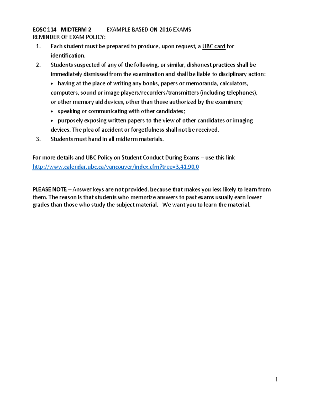 EOSC 114 Midterm 2 Practice Exam - Sample Questions and Policies - Studocu