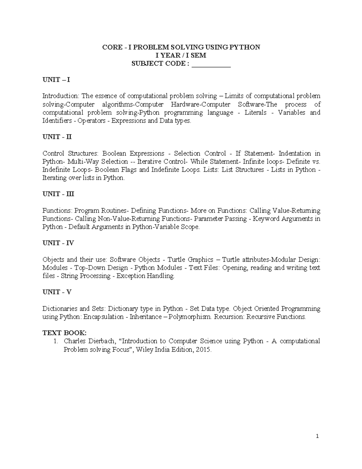 Python Notes 1-5 units - CORE - I PROBLEM SOLVING USING PYTHON I YEAR ...