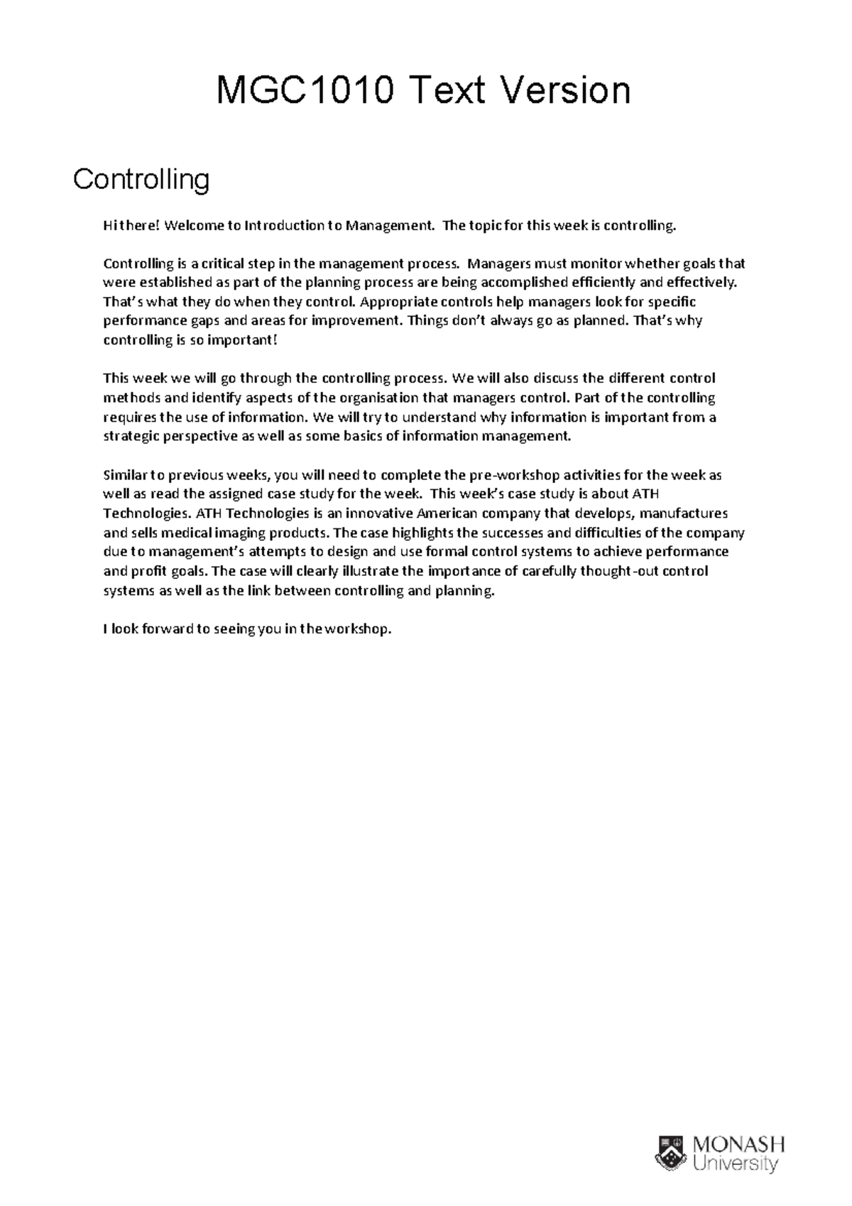 MGC1010 Week 3: Understanding the Controlling Process - Studocu