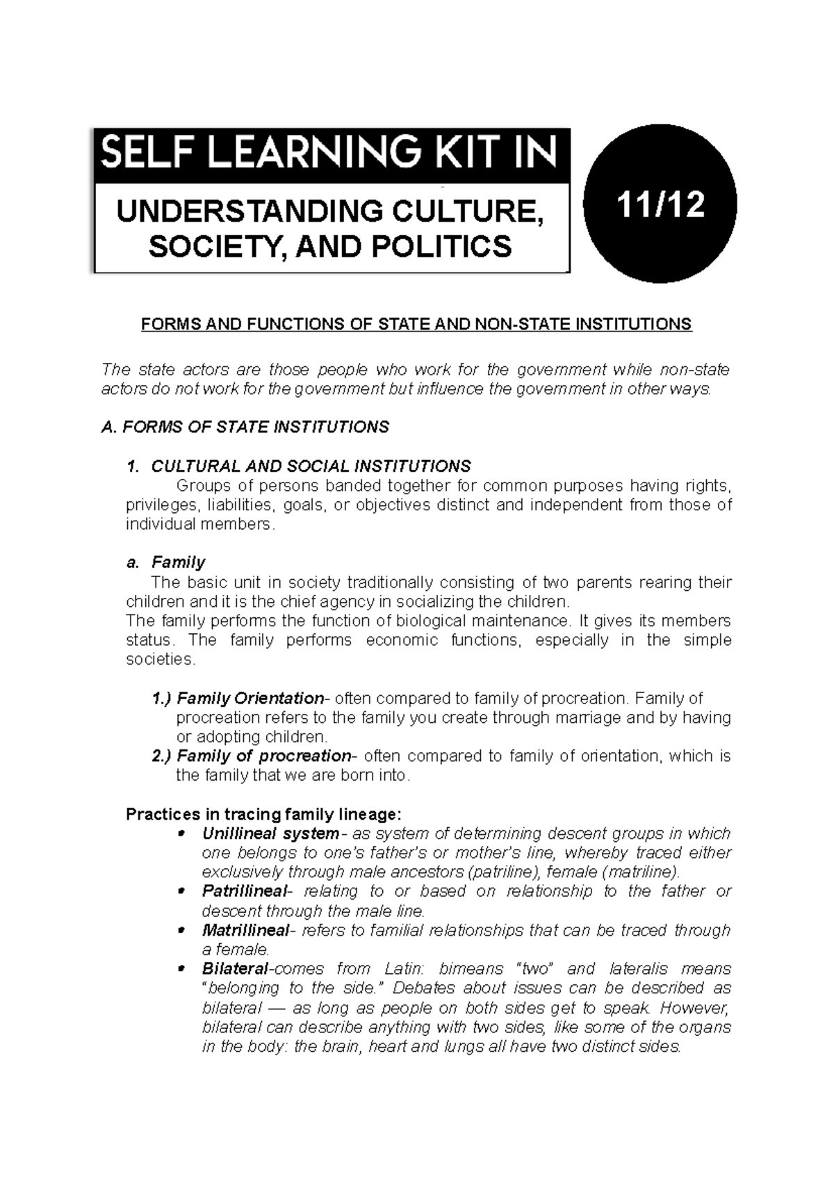 UCSP 2nd Quarter Week 1: Understanding State Forms & Functions - Studocu