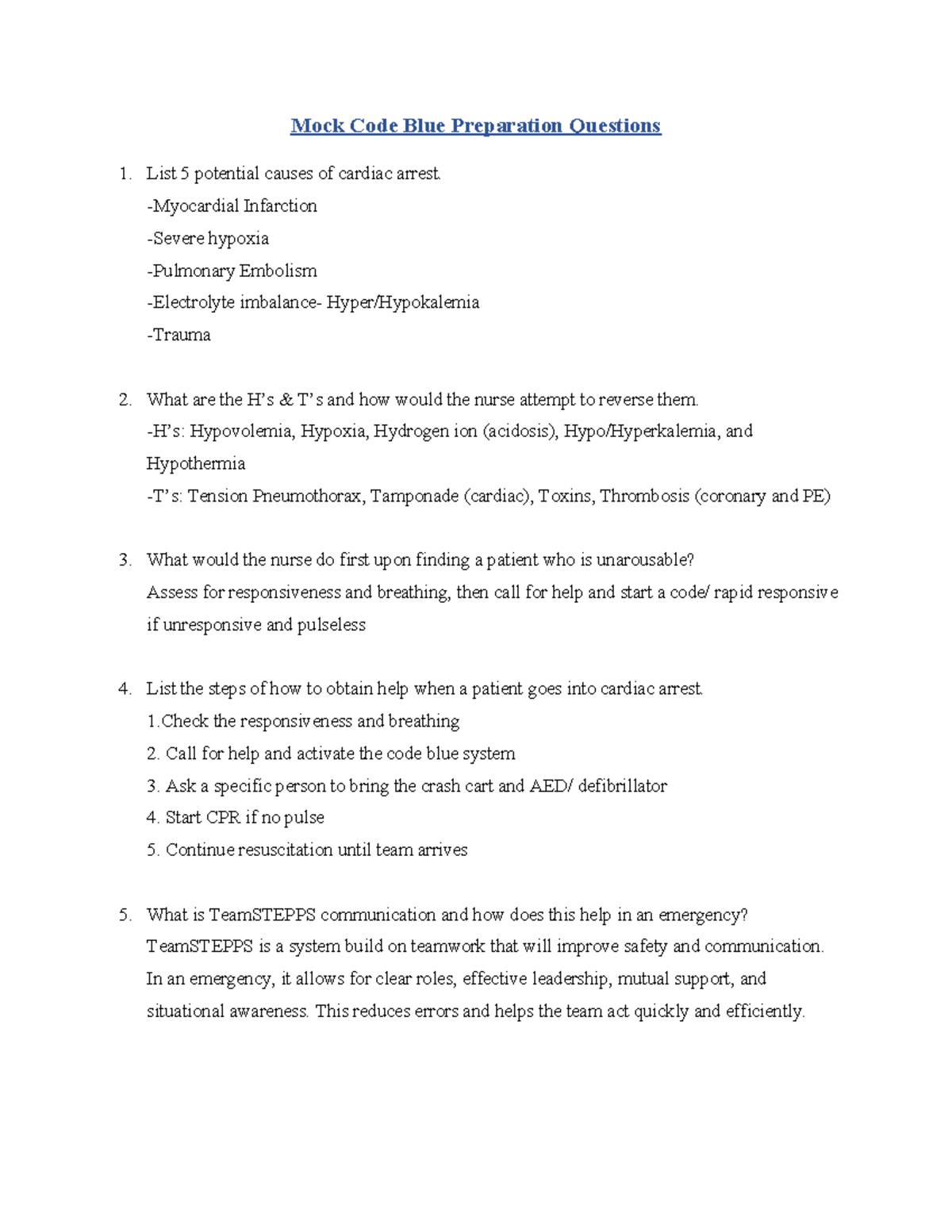 Mock Code Blue Prep: Key Questions for Cardiac Arrest Response - Studocu