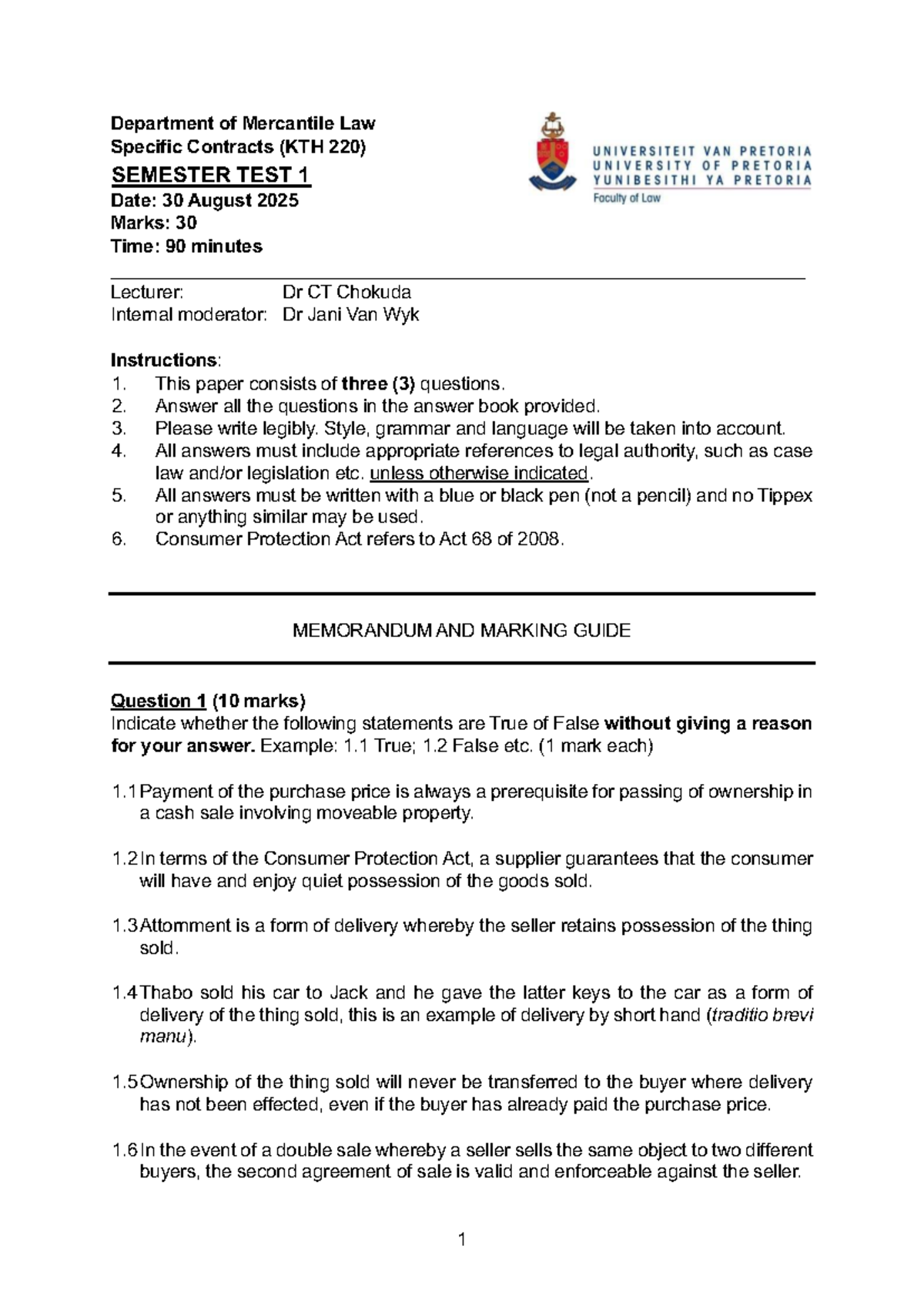 KTH 220: Mercantile Law Specific Contracts Semester Test 1 Guide - Studocu