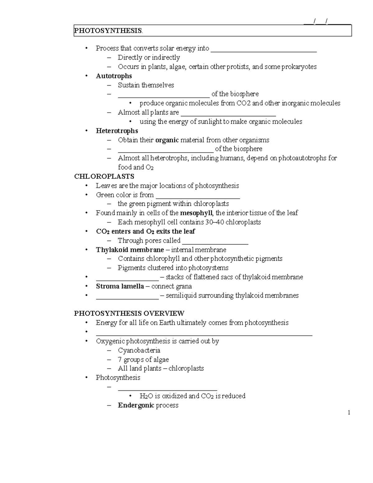 Lecture 7 - Photosynthesis Notes - PHOTOSYNTHESIS. Process that ...