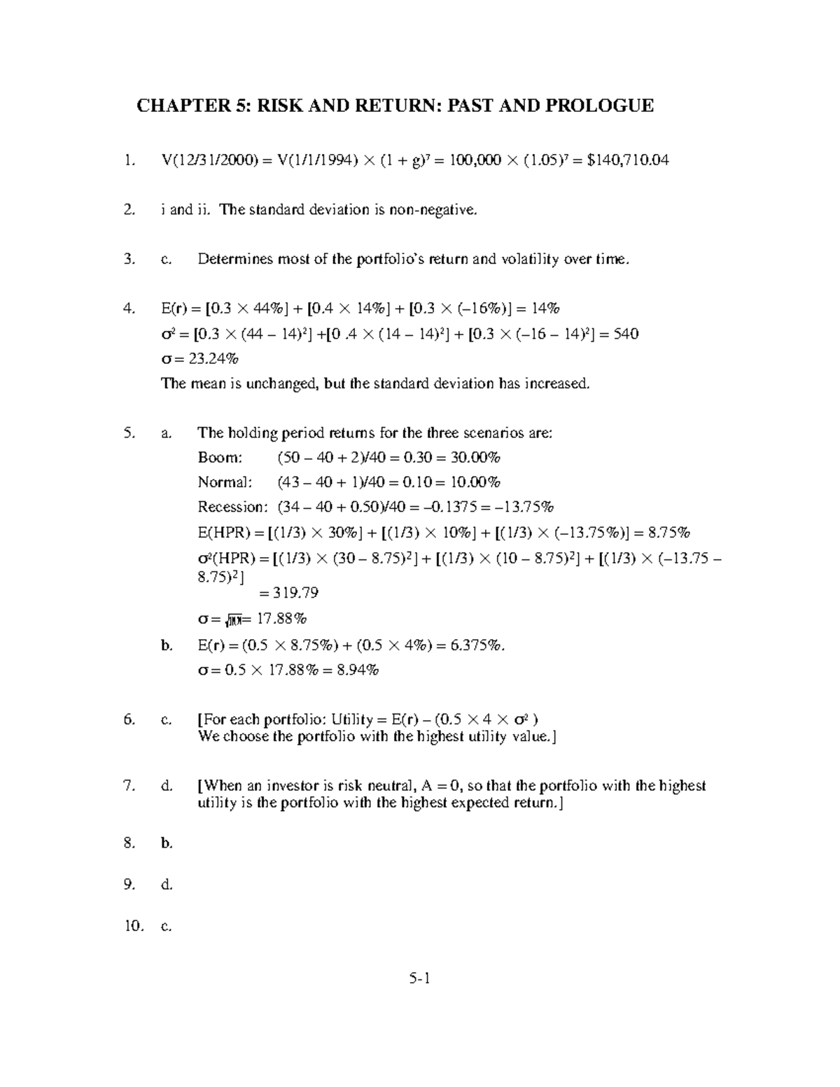 Ch 05 sol - Chapter 5 RISK AND Return PAST AND Prologue - CHAPTER 5 ...
