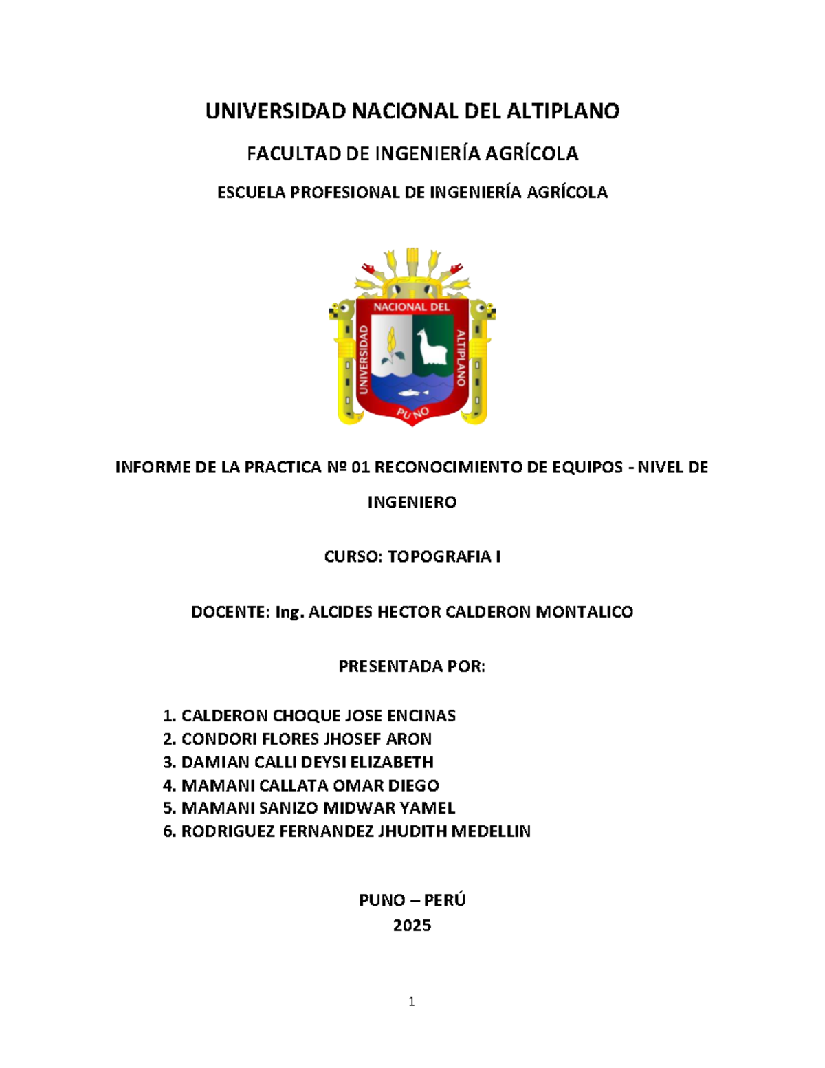 Informe de Práctica Nº 01: Reconocimiento de Equipos - Topografía I - Document Preview