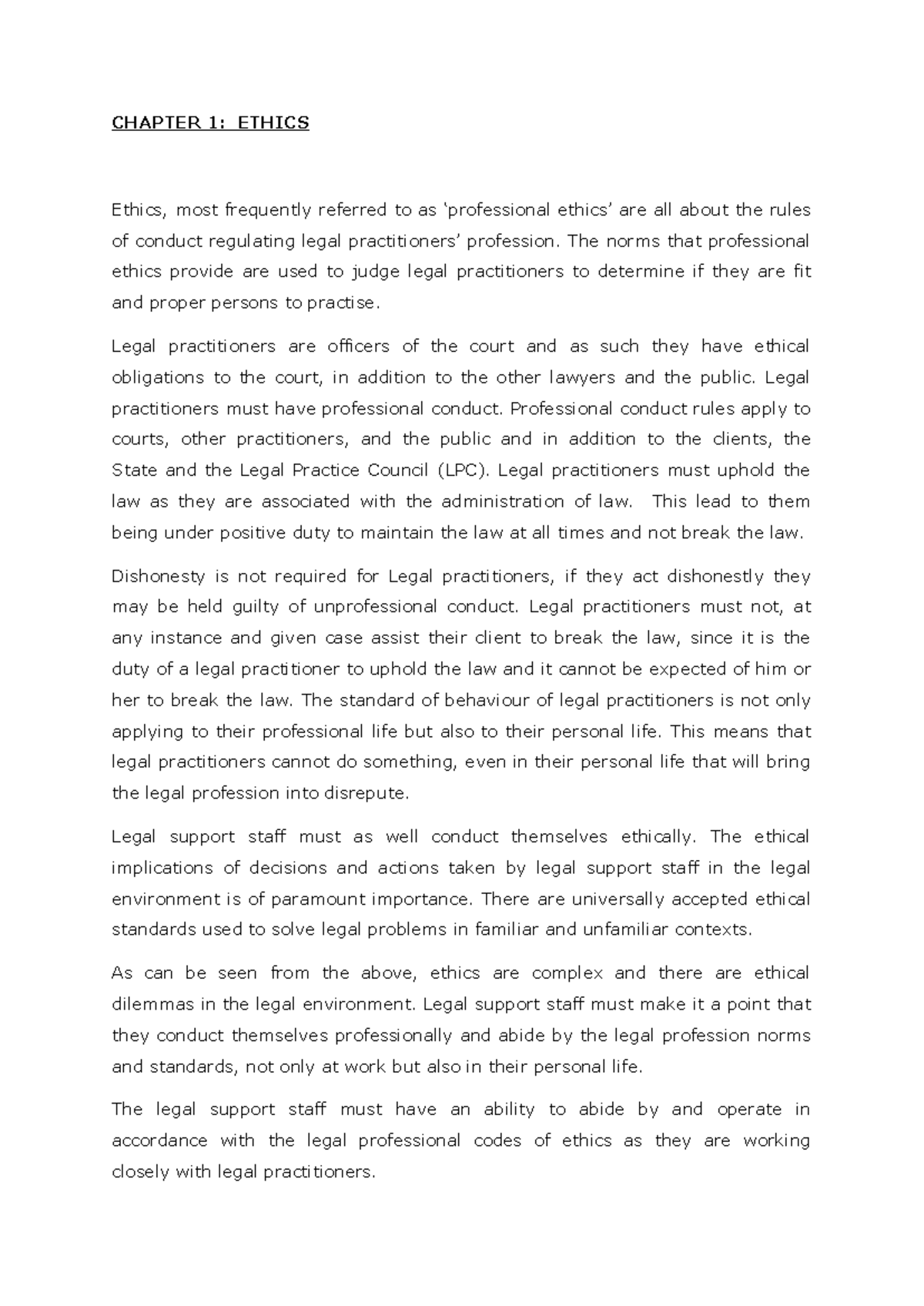 Chapter 1 - Ethics: Summary of Legal Practitioners' Conduct Rules - Studocu