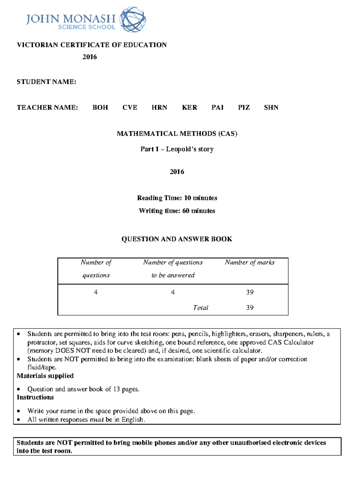 Maths Methods VCE Units 3&4 DTT 5: Differential Calculus Test 2016 ...