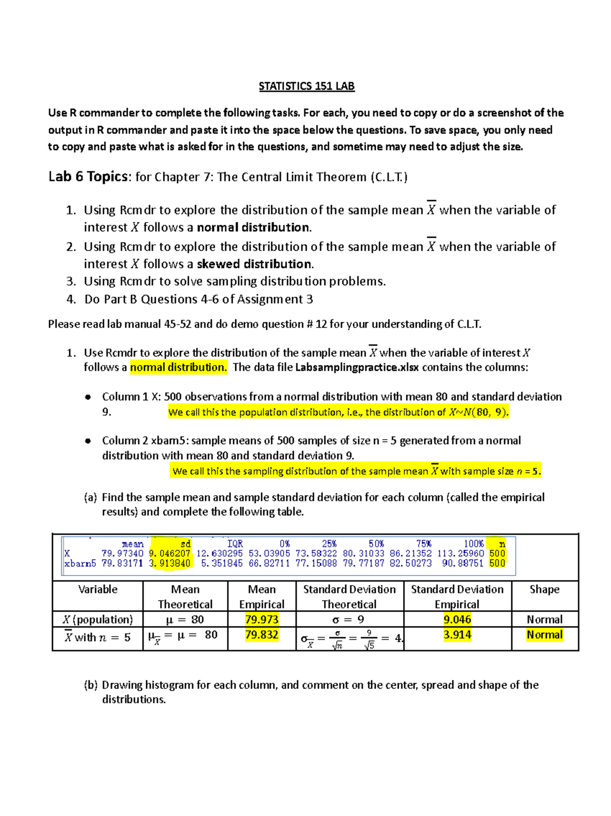 STATISTICS 151 LAB: Exploring Sampling Distributions with Rcmdr - Studocu