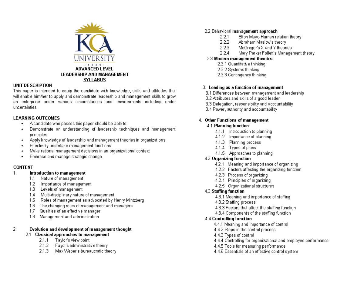 Advanced Syllabus for Leadership & Management (L M) Course Outline ...