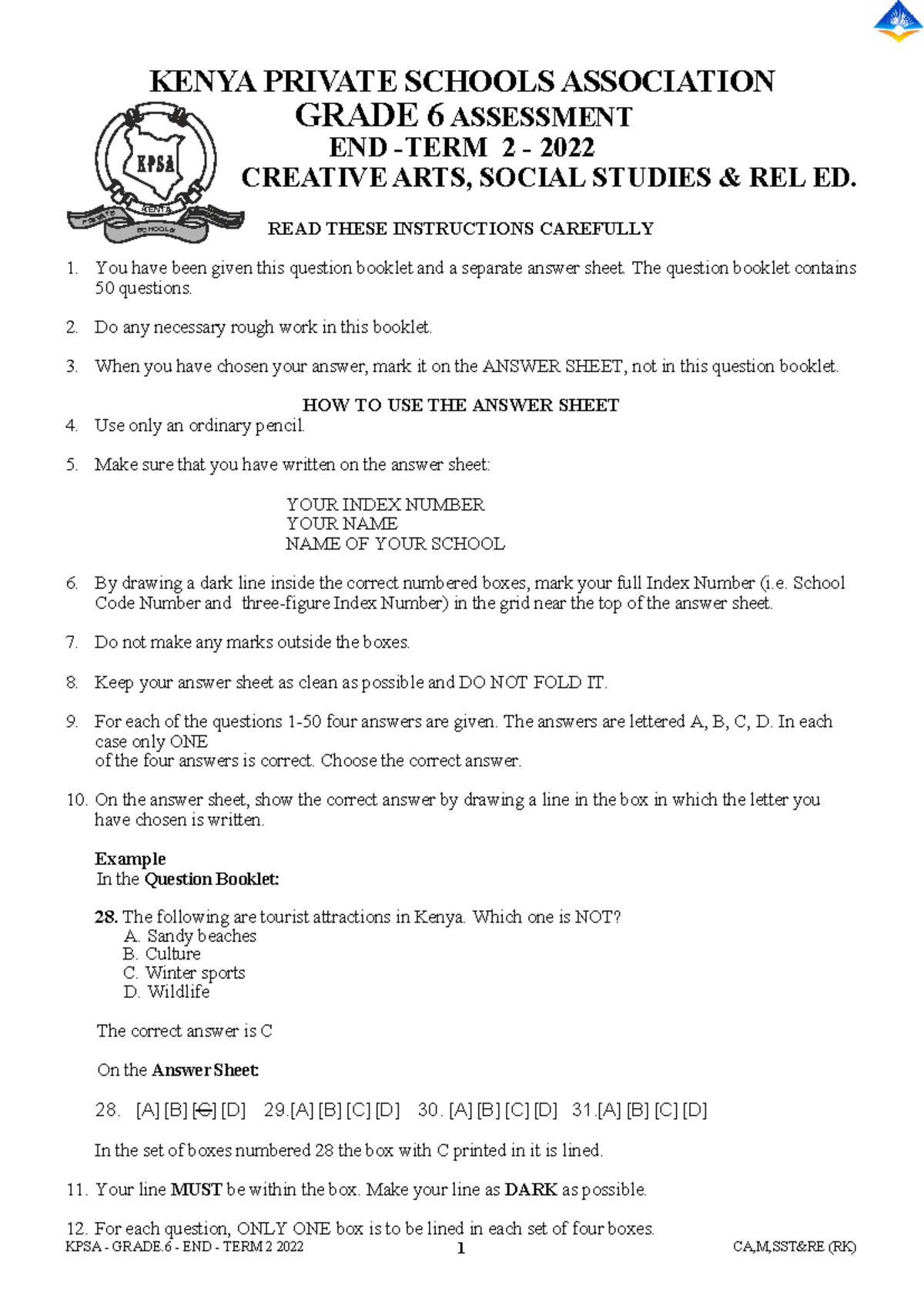 KPSA GRADE 6 END TERM 2 2022 ASSESSMENT: CREATIVE ARTS & SST - Studocu