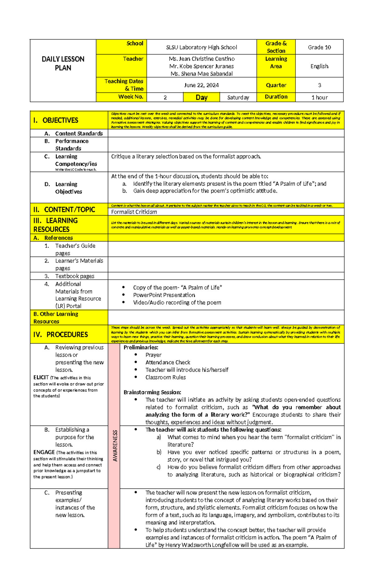 Lesson PLAN (Formalist Criticism ) - DAILY LESSON PLAN School SLSU ...