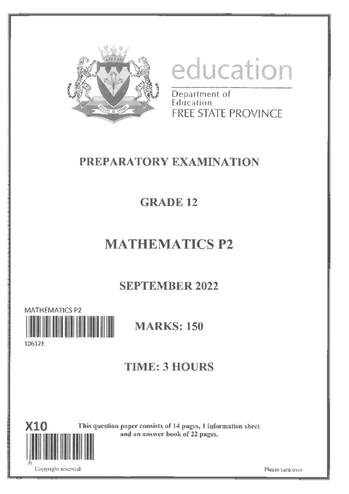 Mathematics P2 Prep Questions - September 2022 (QP) ENG - Studocu