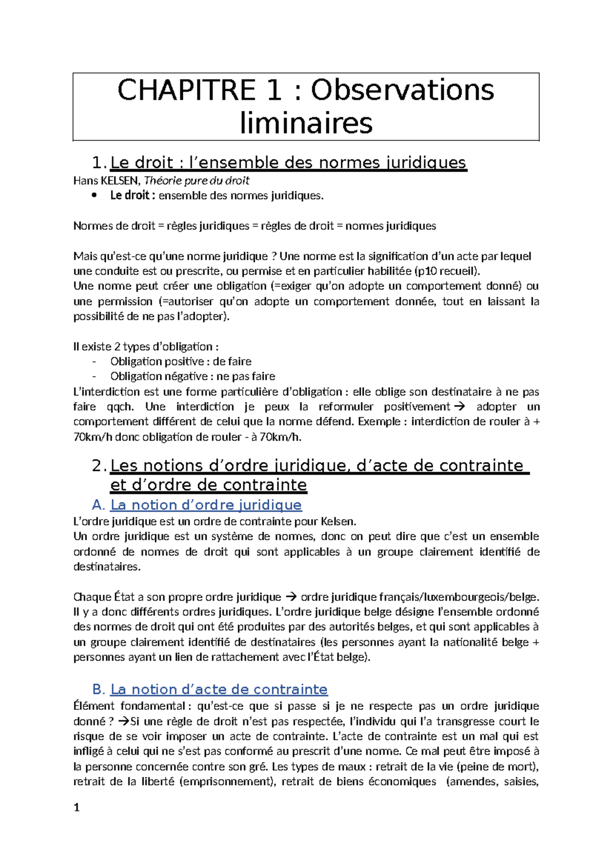 CHAPITRE 1 : Observations liminaires sur le Droit et ses Normes - Studocu
