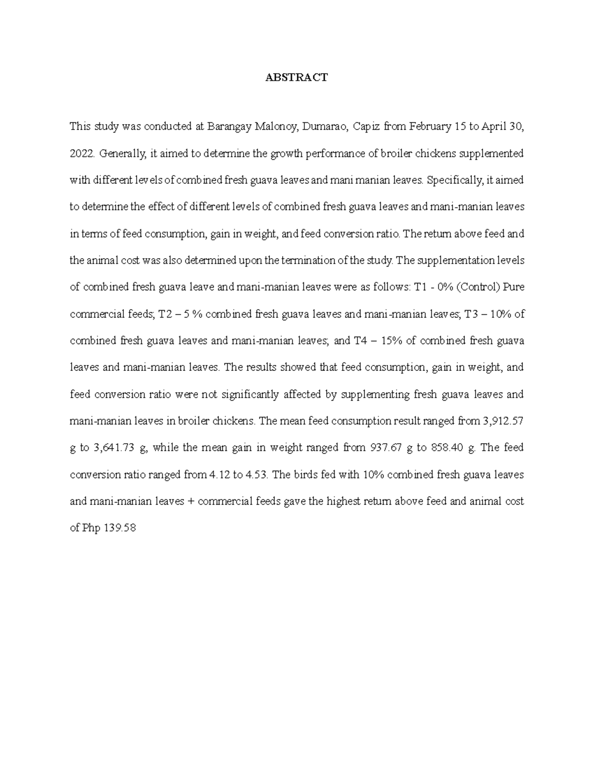 Growth Performance of Broilers with Guava & Mani Leaves (AGRI 101 ...