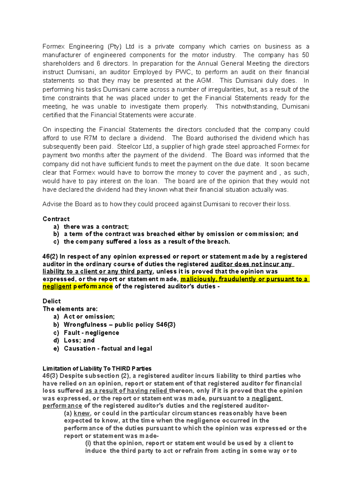 Auditors Liability Sample Question Memo - Formex Engineering (Pty) Ltd ...