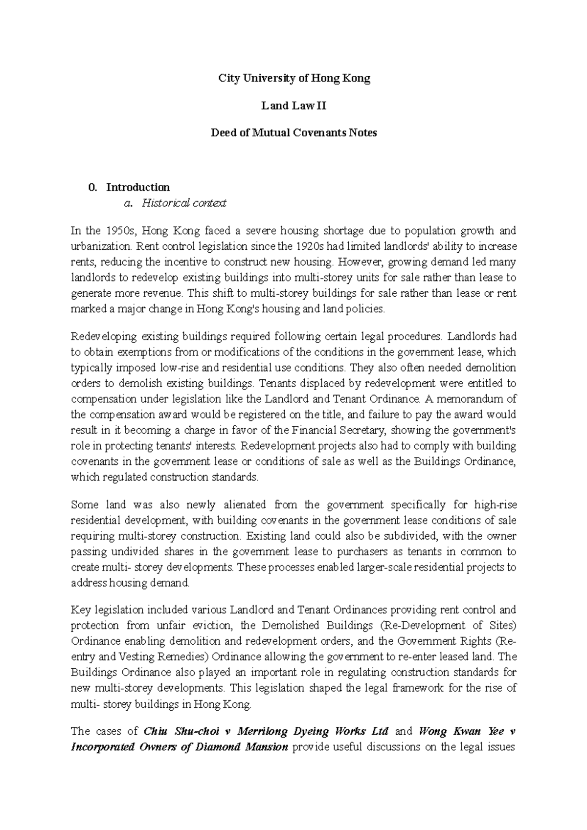 DMC Notes on Deed of Mutual Covenants - Land Law II (DMC 102) - Studocu