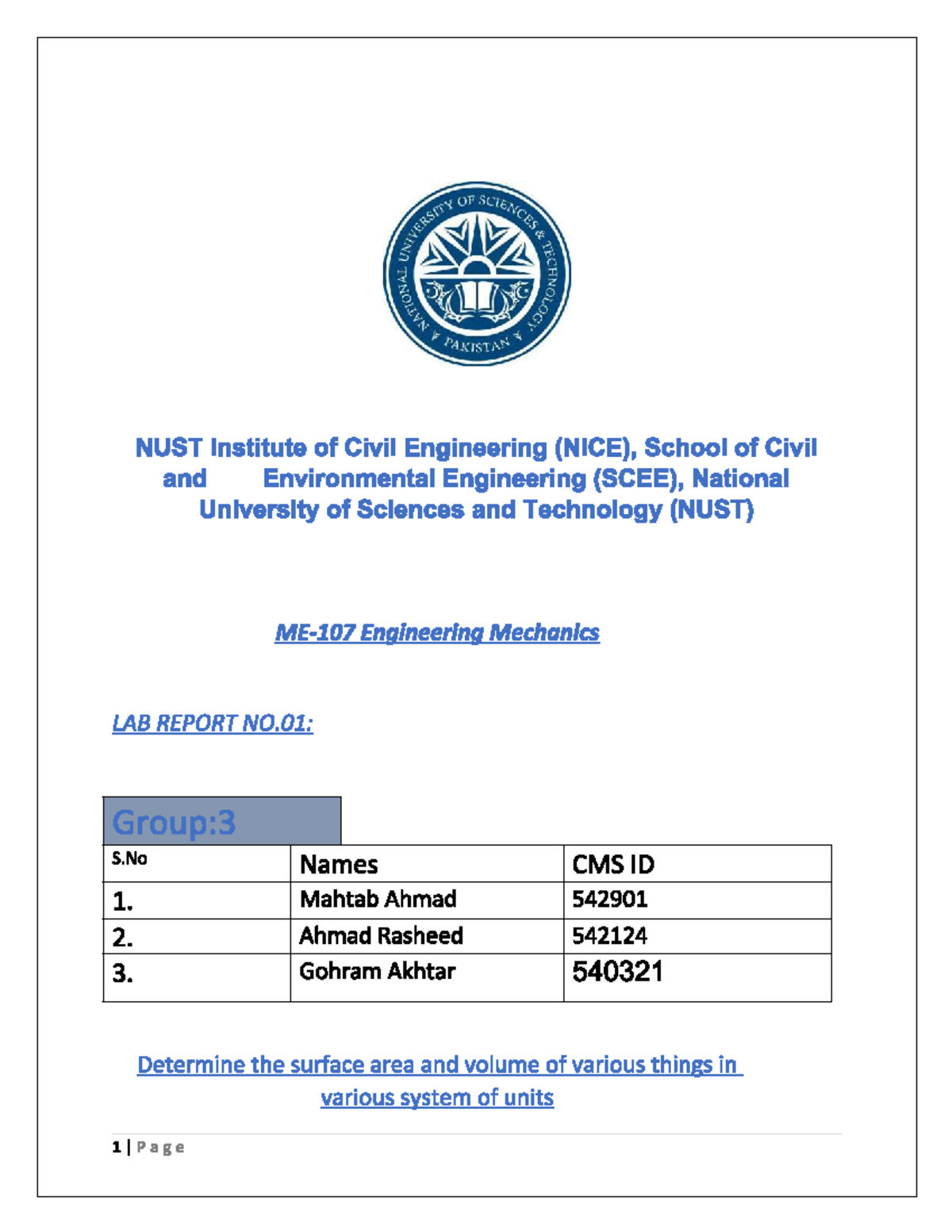 Engineering Mechanics LAB REPORT NO.01: Surface Area & Volume Analysis ...