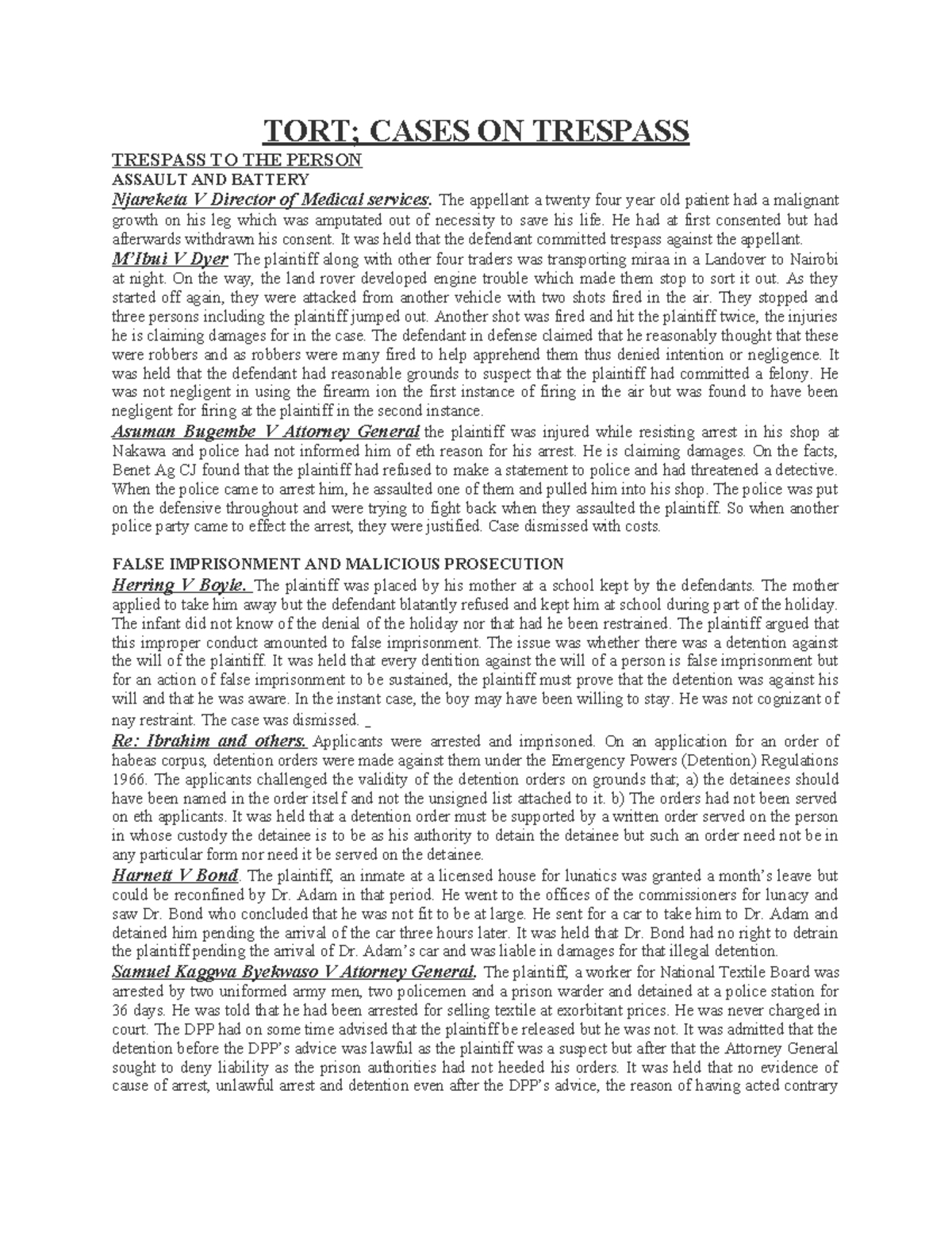 Tort Law: Cases on Trespass - Analysis & Notes (LAW 101) - Studocu