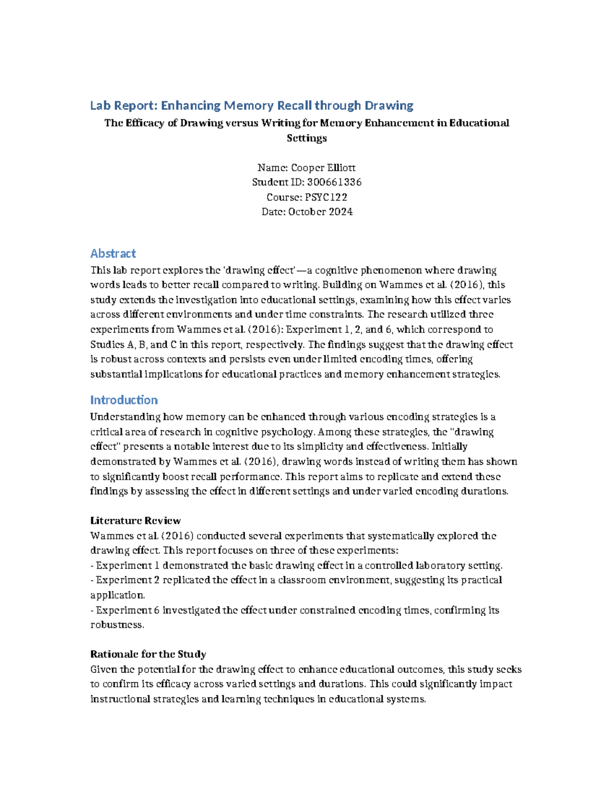 Lab Report on Drawing Effect in Memory Enhancement - PSYC 122 - Studocu