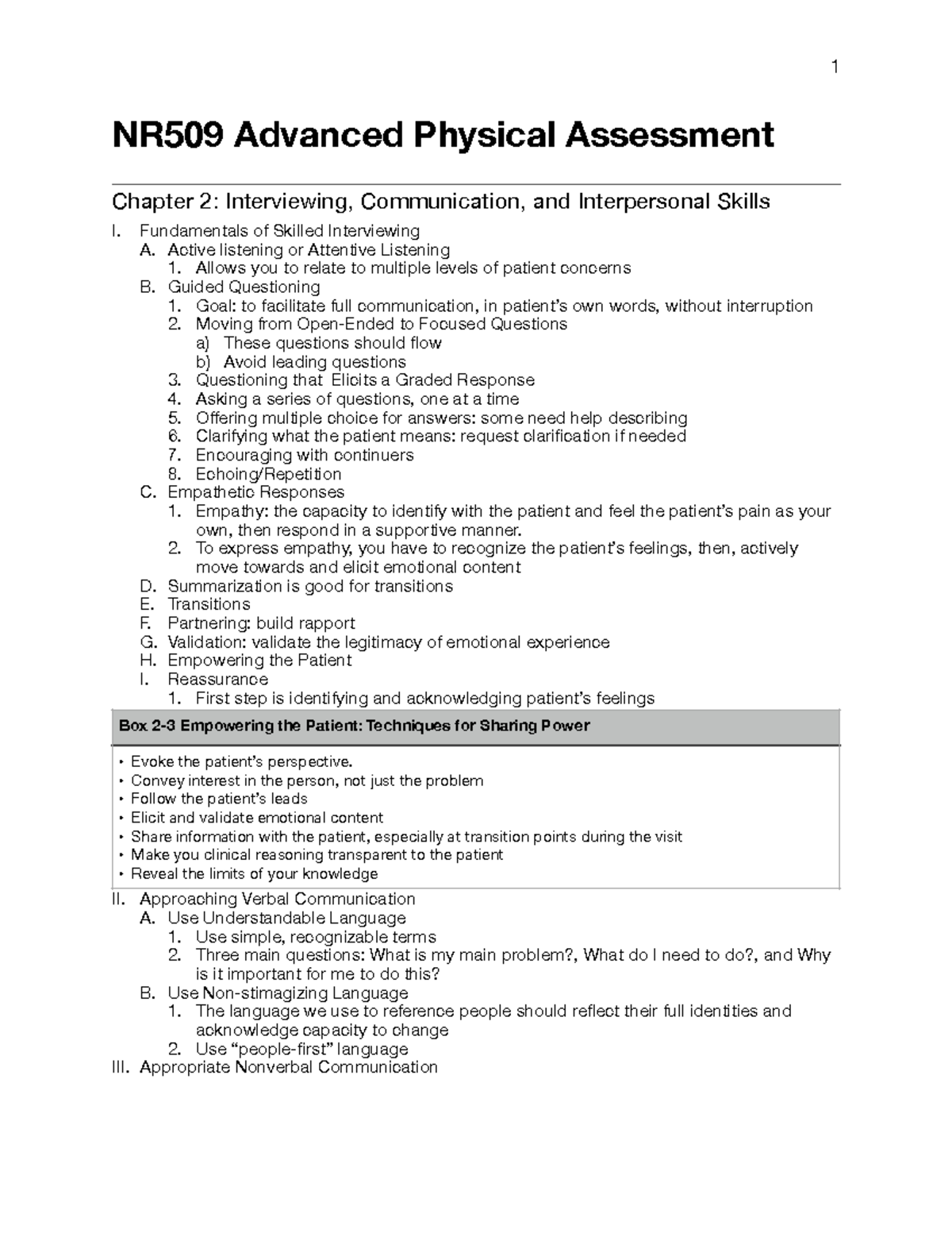 NR509 Chapter 2 - Lecture Notes on Interviewing & Communication Skills ...
