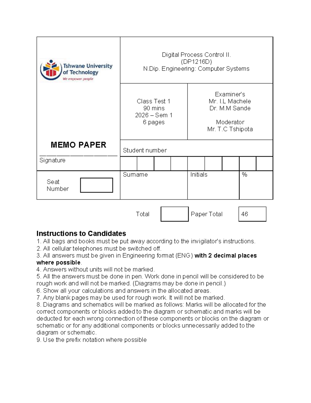 MEMO: Class Test 1 Solutions for Digital Process Control II (DP1216D ...