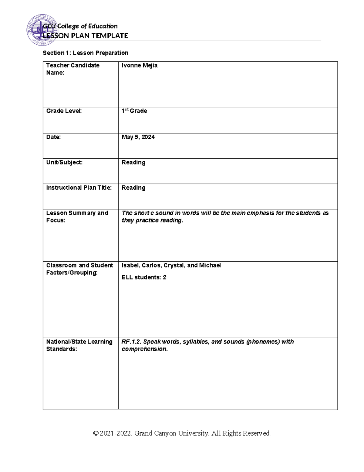 ELM315 Reading Lesson Plan for 1st Grade - Short E Sound Focus - Studocu