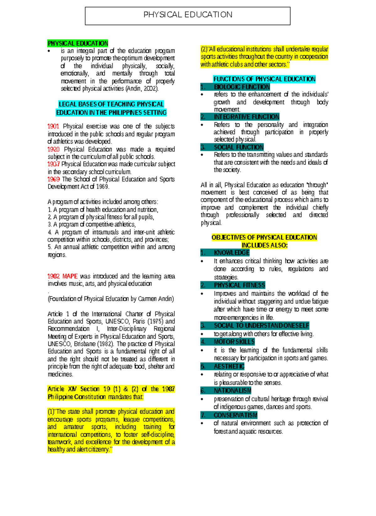 PHED 101: Overview of Physical Education and Its Functions - Studocu