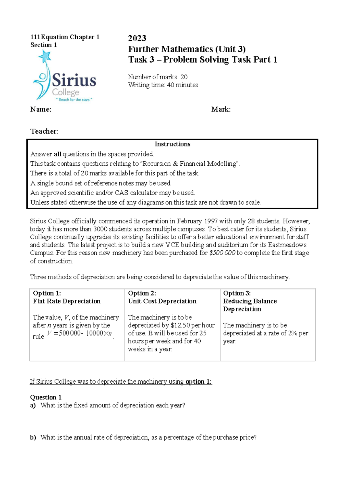 2023 Further Mathematics Unit 3 Task 3 Problem Solving Practice ...
