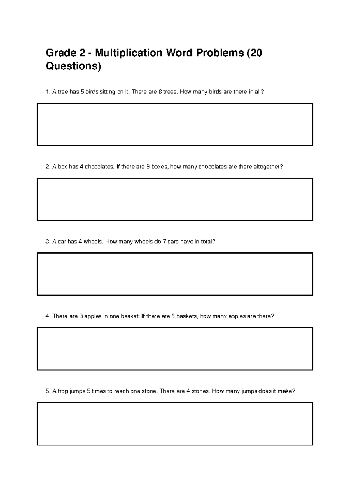 Grade 2 Math: Multiplication Word Problems Worksheet (20 Qs) - Studocu