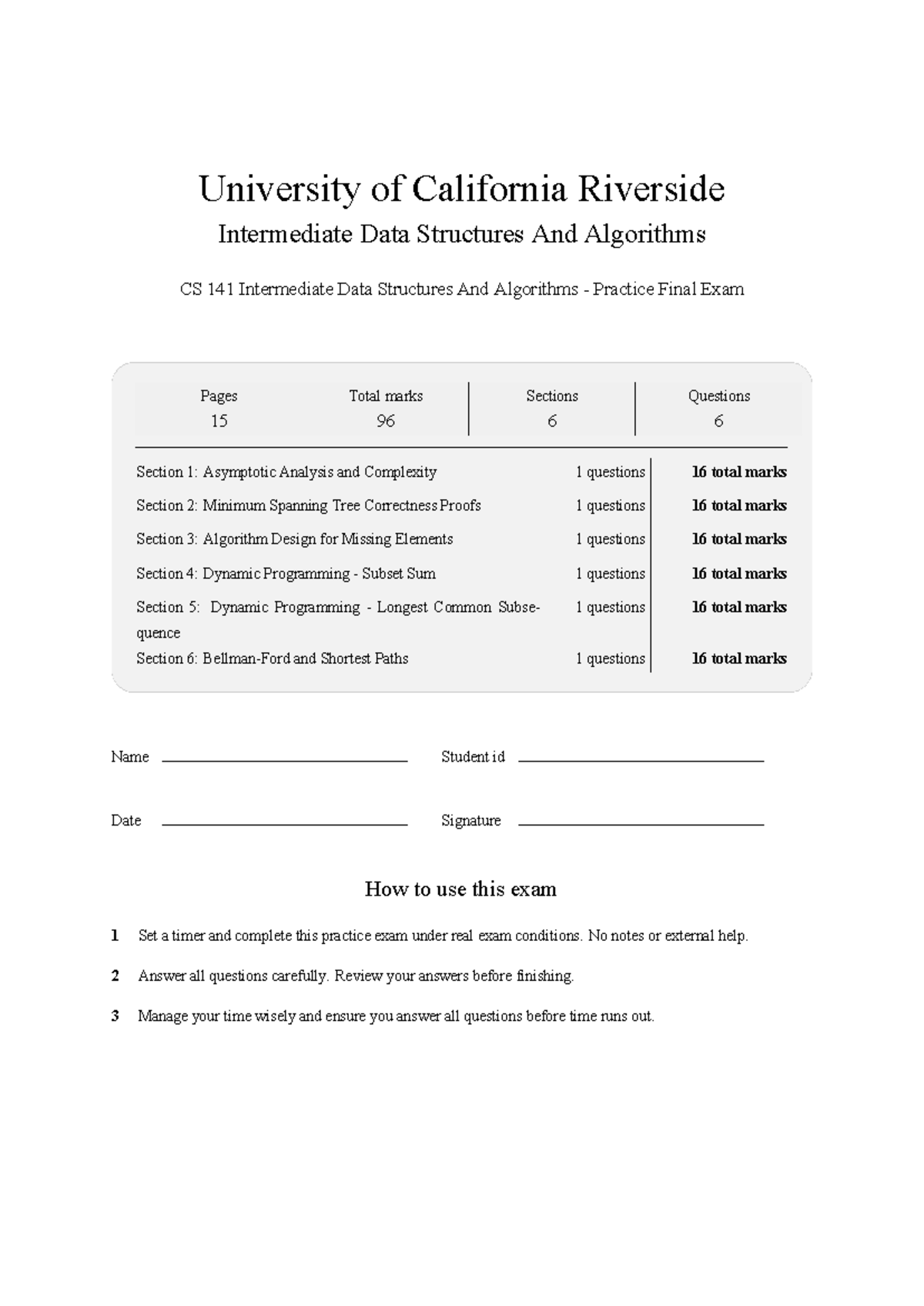 CS 141 Intermediate Data Structures & Algorithms Practice Final Exam ...