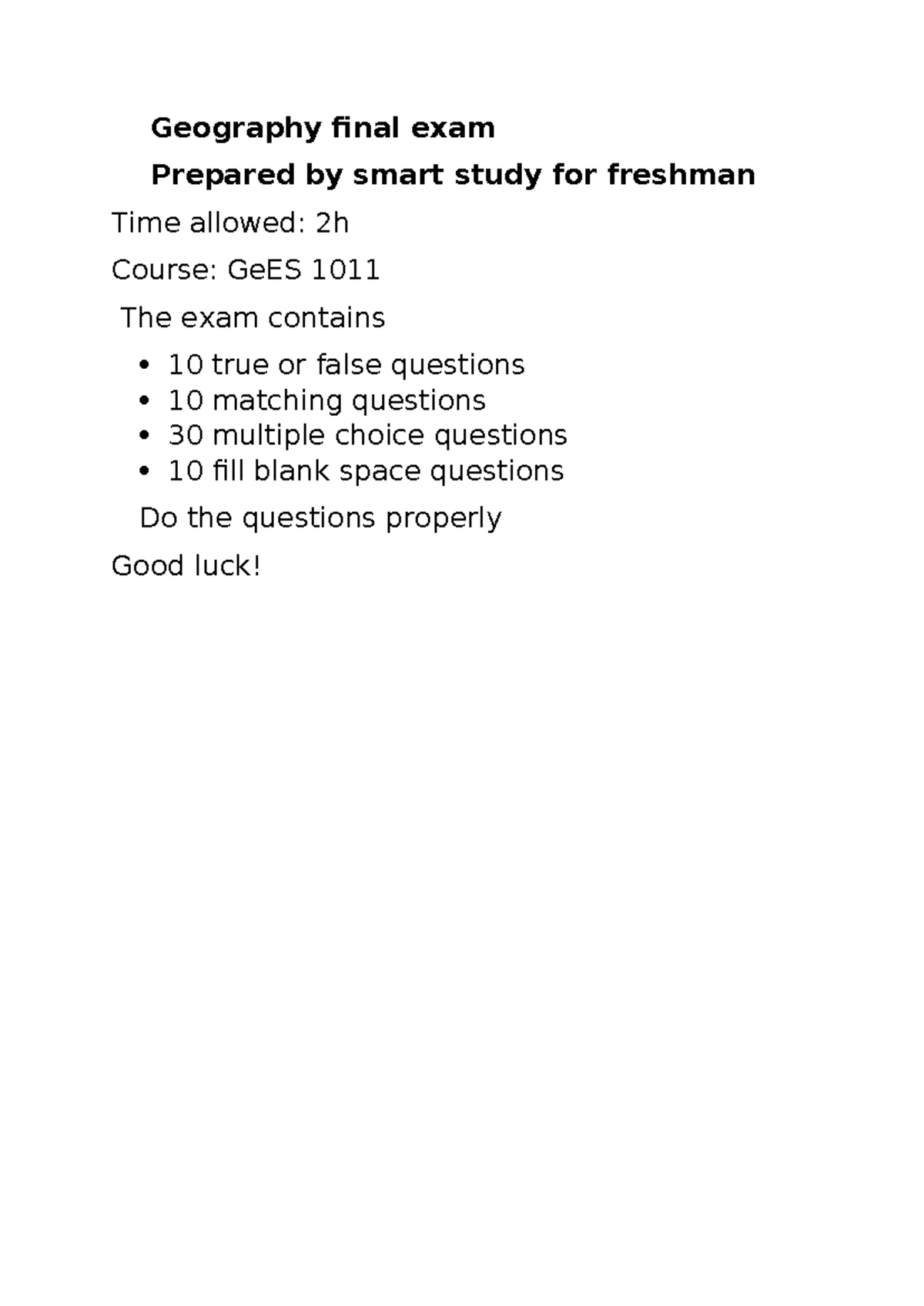 GeES 1011 Geography Final Exam Study Guide - Studocu