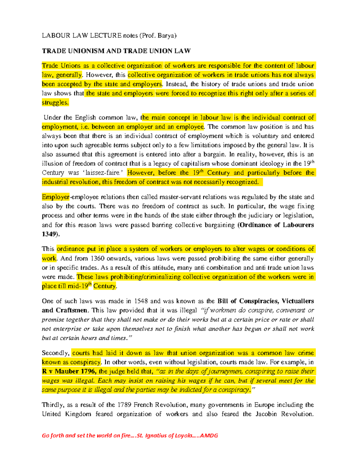 Labour Law LECTURE Notes on Trade Unions and Their Legal Evolution ...
