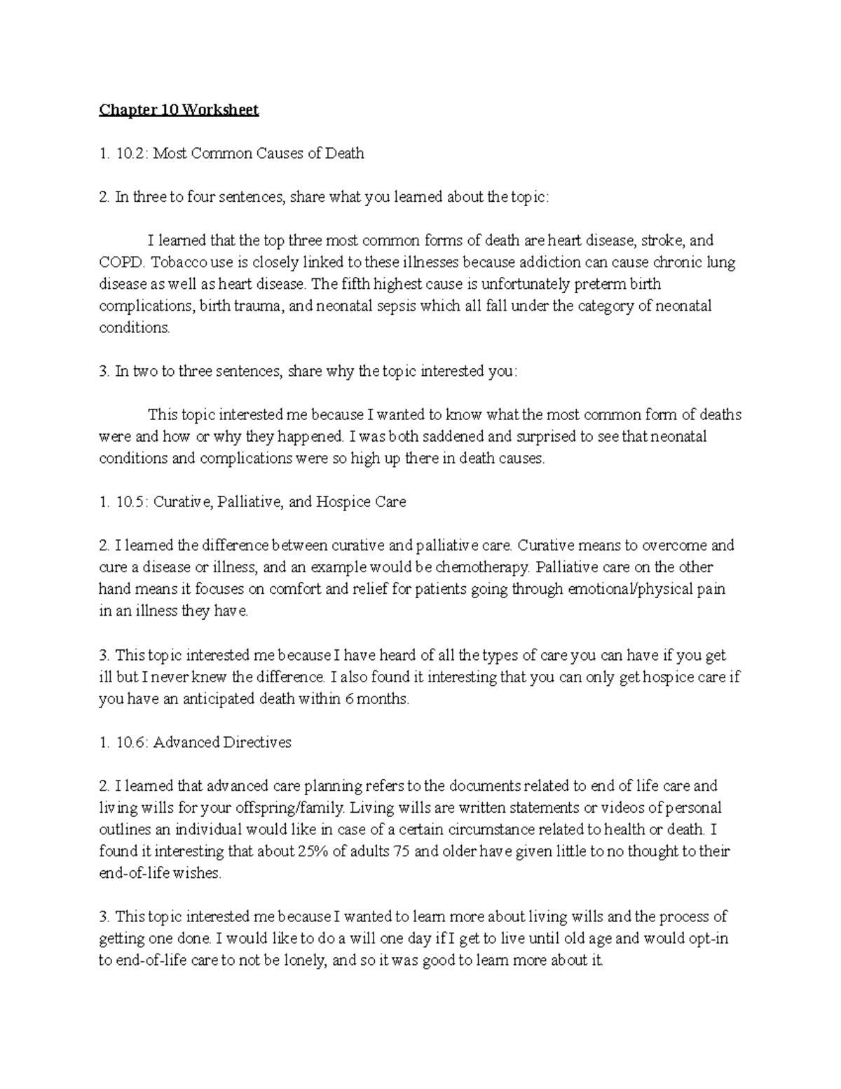 Chapter 10 Worksheet - Common Causes of Death & Care Types - Studocu
