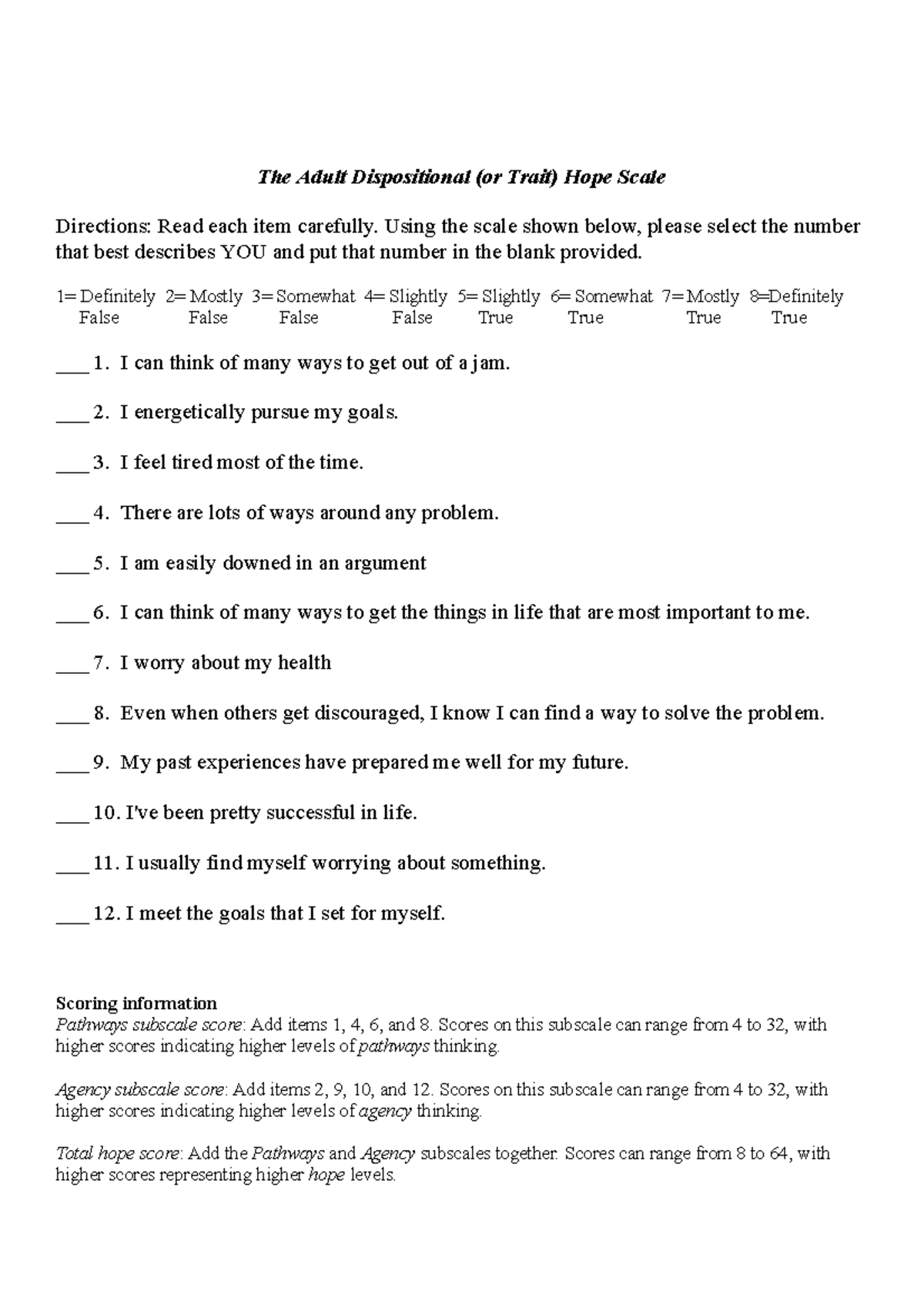 Adult Dispositional Hope Scale Assessment Instructions and Scoring ...