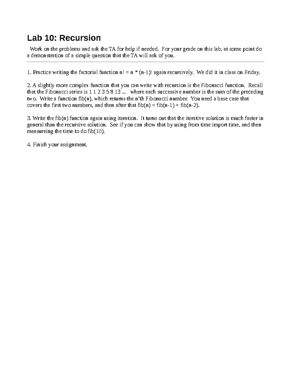 Lab 10: Recursion and Fibonacci Function Practice for Coding Lab - Studocu