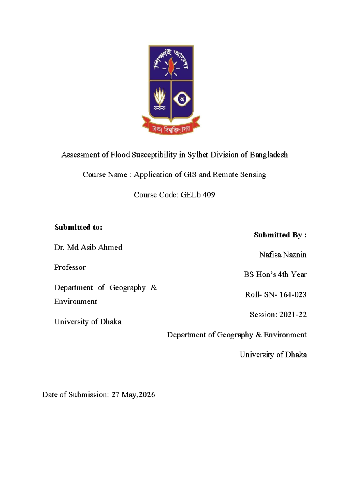 GELb 409: Flood Susceptibility Assessment in Sylhet Division Using GIS ...