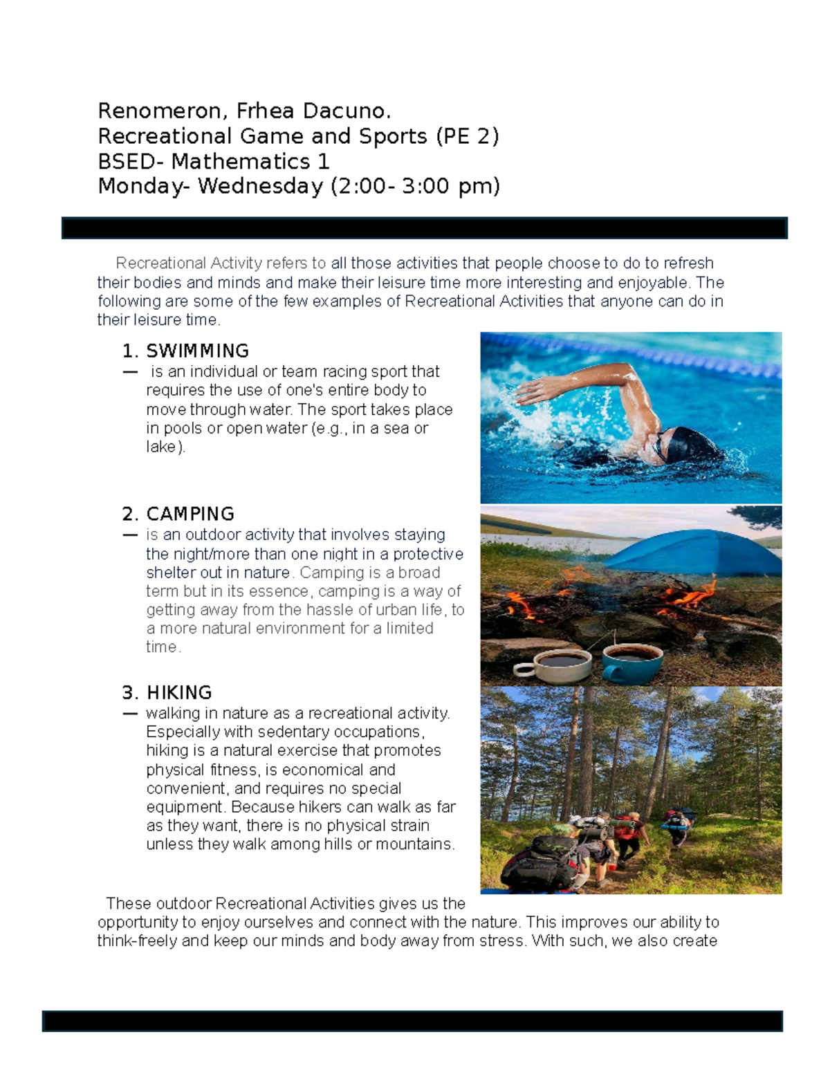 Recreational Activities and Games Overview (PE 2) - Studocu