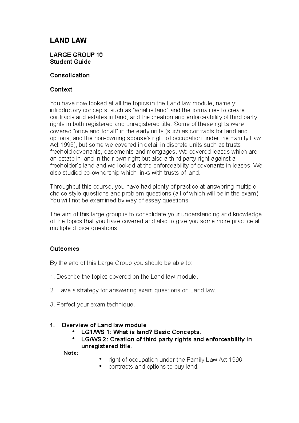 Land Law Consolidation: Large Group 10 Study Guide - Studocu