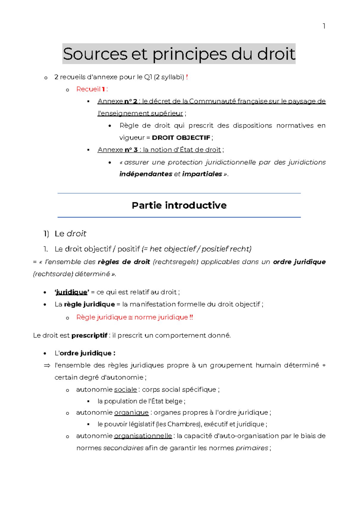 Sources et principes du droit 1 - Partie introductive 1) Le droit 1. Le ...