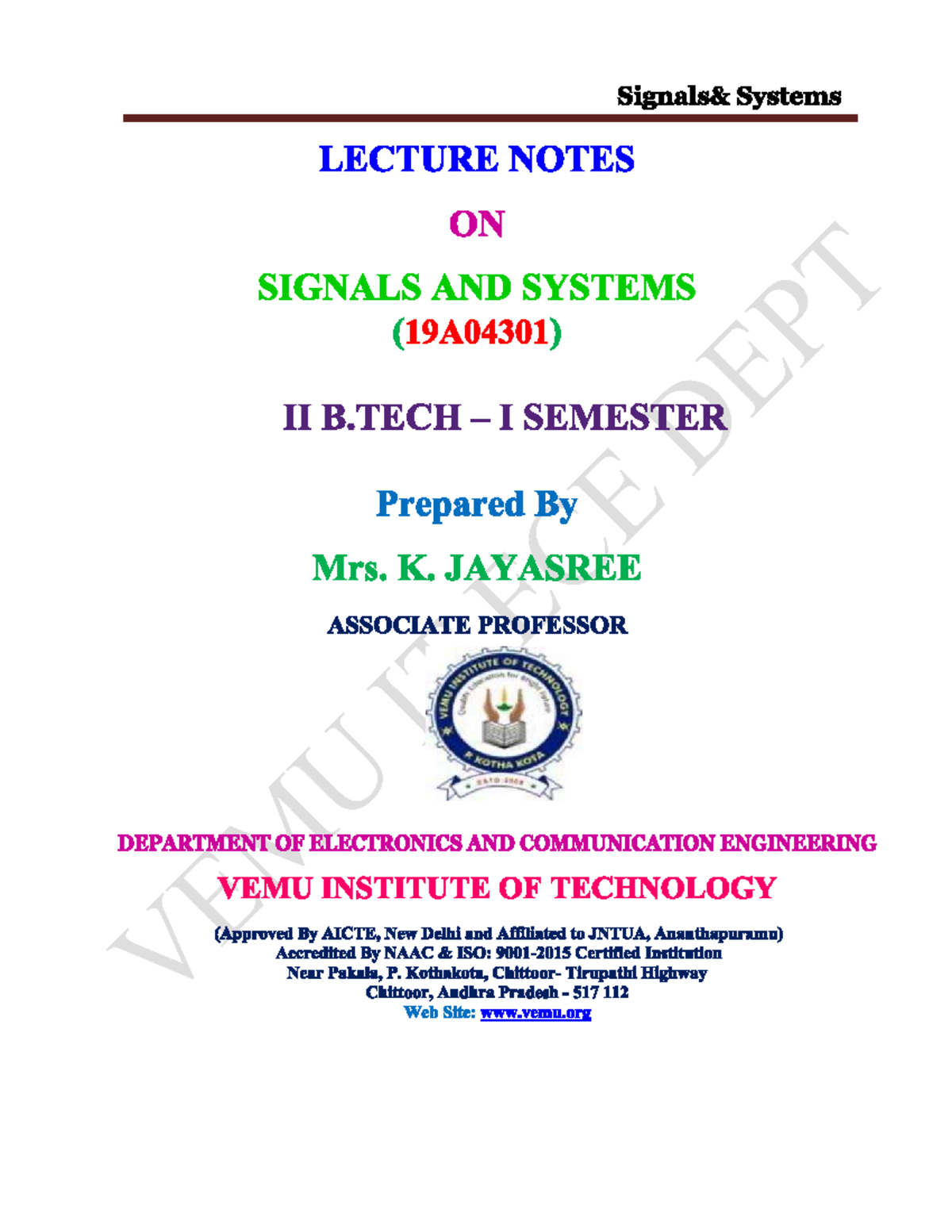 Lecture Notes on Signals and Systems (19A04301) II B.Tech I Semester ...