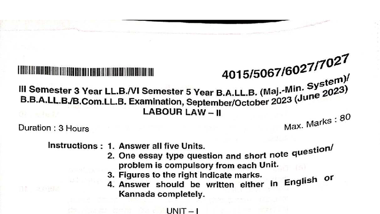 2023 B.A.LL.B. Semester 5 Labour Law II Exam Paper - Studocu
