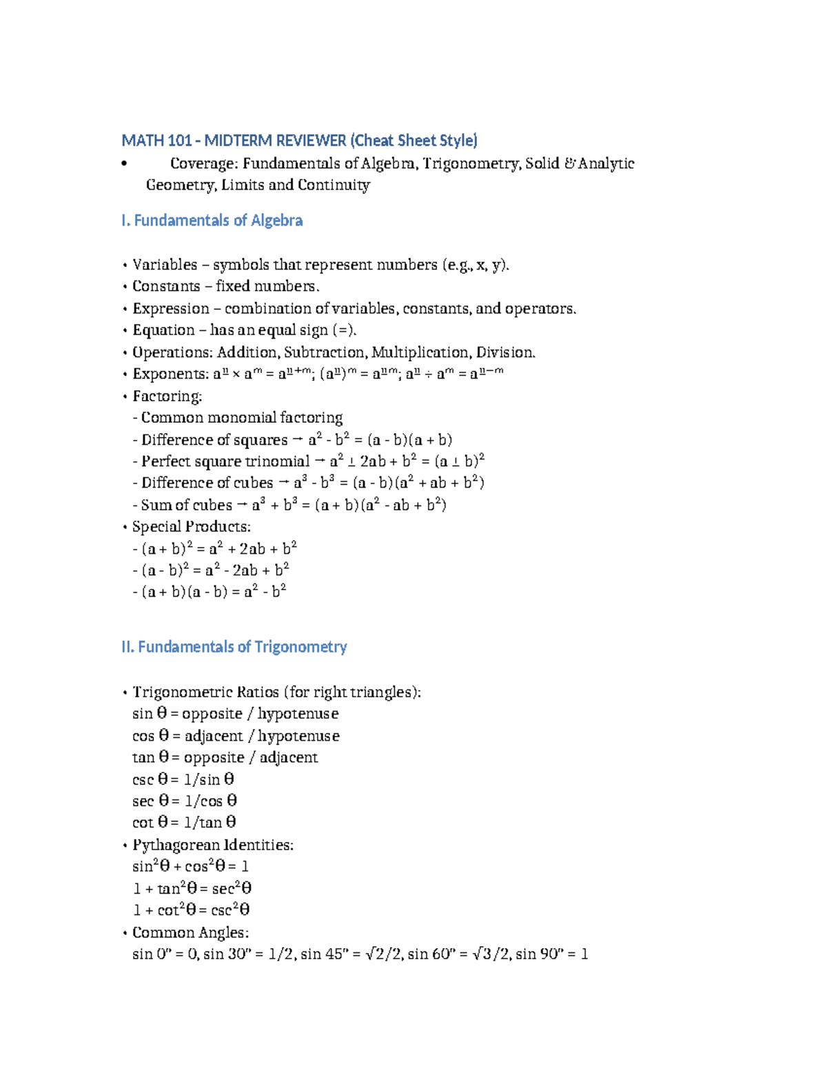 MATH 101 MIDTERM REVIEWER: Algebra, Trig, Geometry & Limits - Studocu