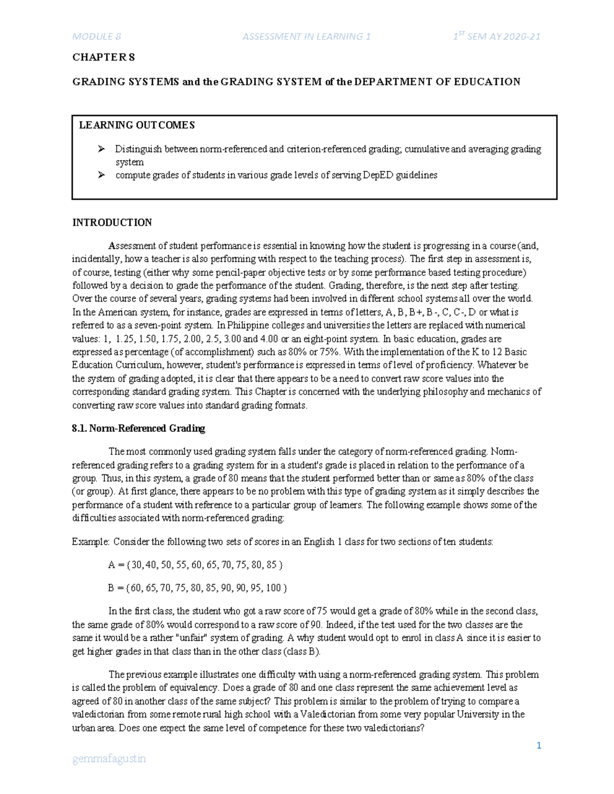 MODULE 8 ASSESSMENT IN LEARNING 1 1ST SEM AY CHAPTER 8 GRADING SYSTEMS ...