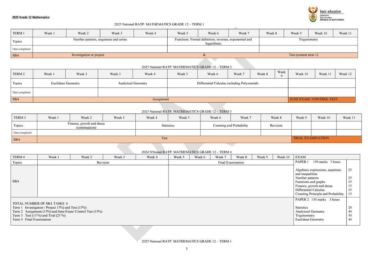2025 Maths Grade 12 Term 1 - RATP Study Guide and Content Overview ...