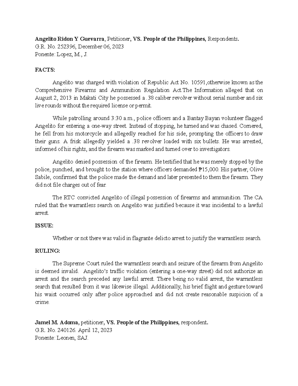 Case Digest on Warrantless Arrests under Rule 113 - Studocu